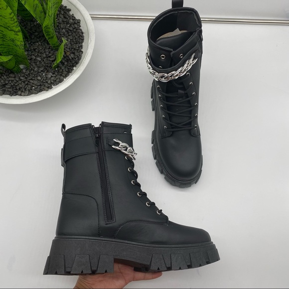 Olivia Miller Shoes - Olivia Miller Ava chunky Combat Boot with silver chain in black faux leather 8